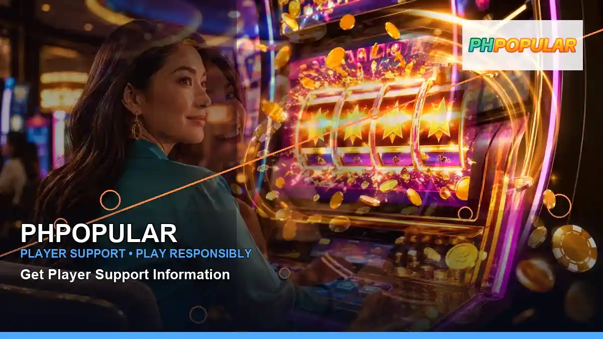 PHPOPULAR casino cashback rewards featuring an adult Filipina casino host with a left-diagonal composition